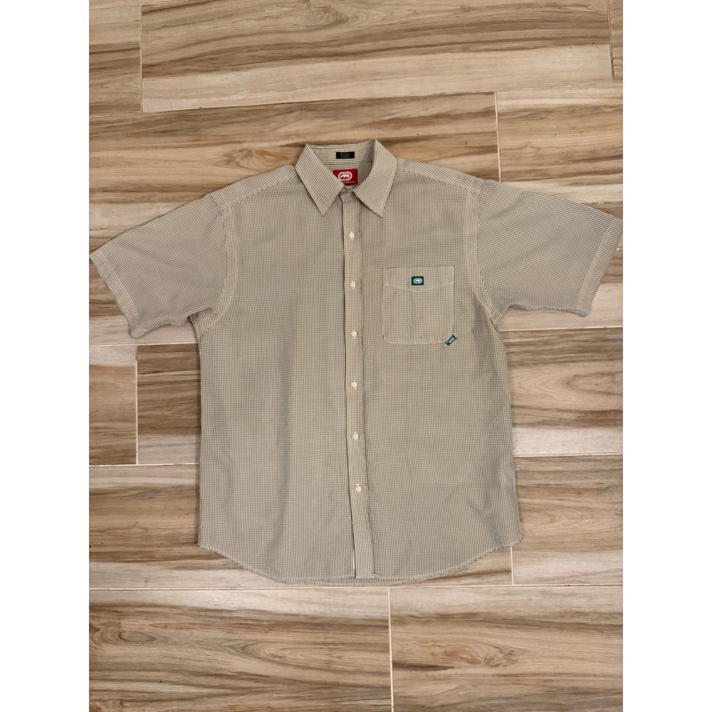 Ecko Unltd The Dwyer Shirt Mens Large Green Tan Gingham Plaid Short Sleeve Woven